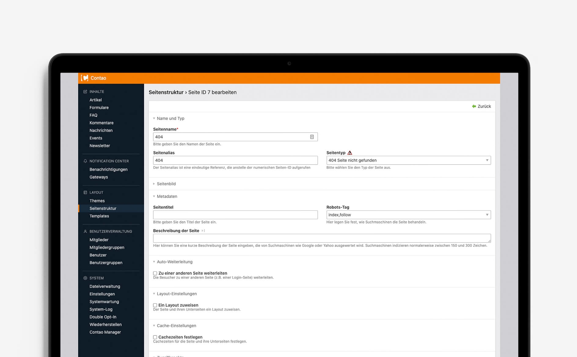 Ansicht der Pflege einer 404-Fehlerseite im Contao CMS