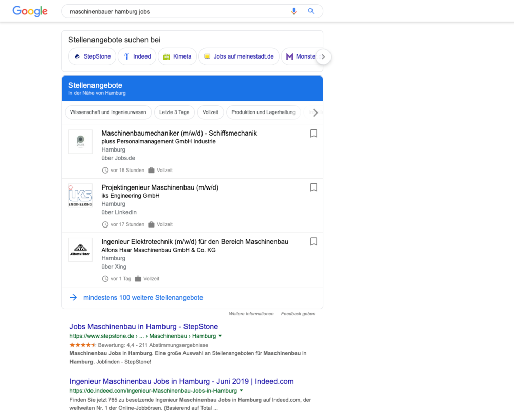 Google Jobs taucht in den Suchergebnissen auf