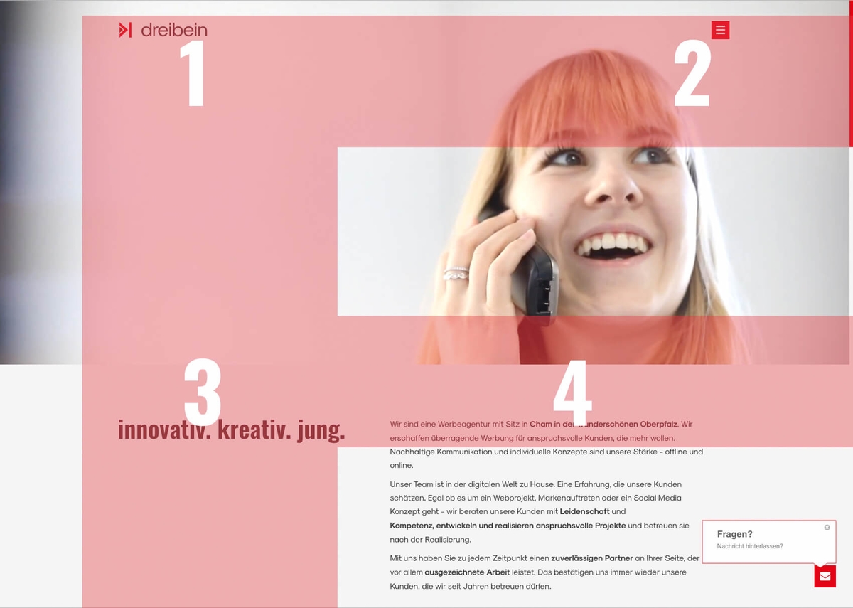 Das F-Pattern im Einsatz auf der Website der Werbeagentur Dreibein aus Cham.