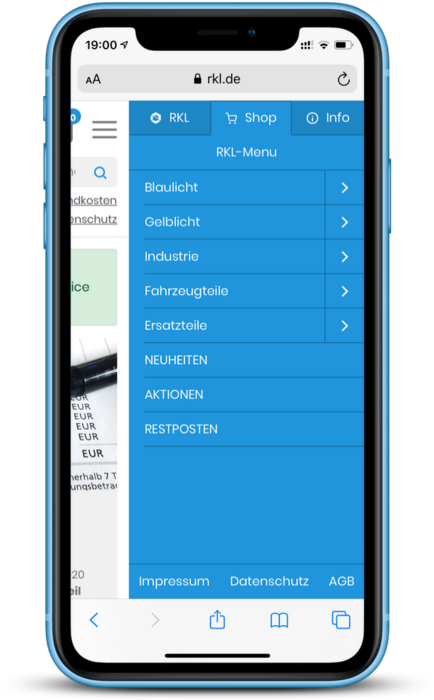 Screenshot der mobilen Website von RKL mit Fokus auf dem mobilen Menü