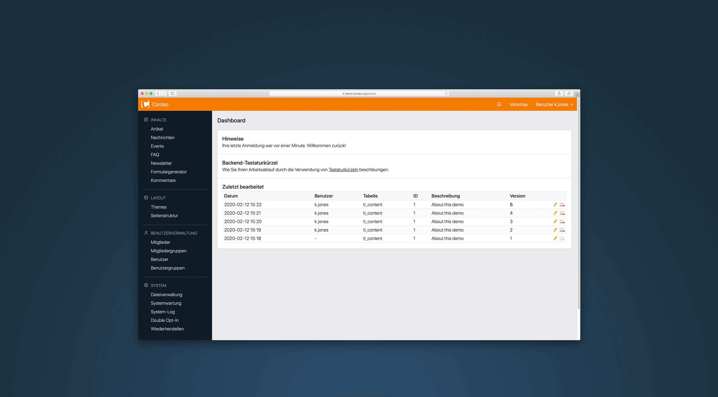 Screenshot von der neuen Contao 4.9 Version