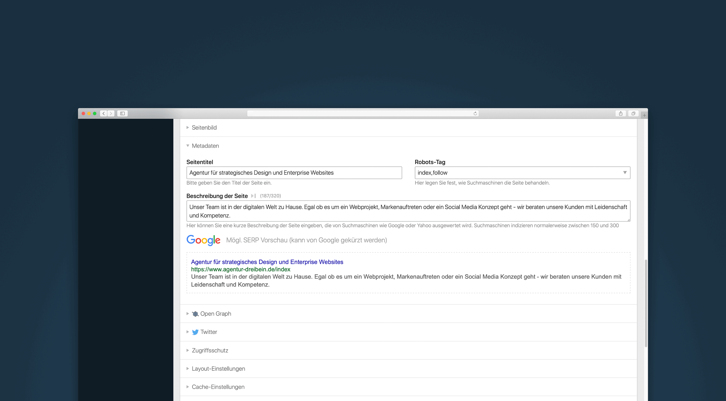 Screenshot von Contao 4.9 und der SERP Preview