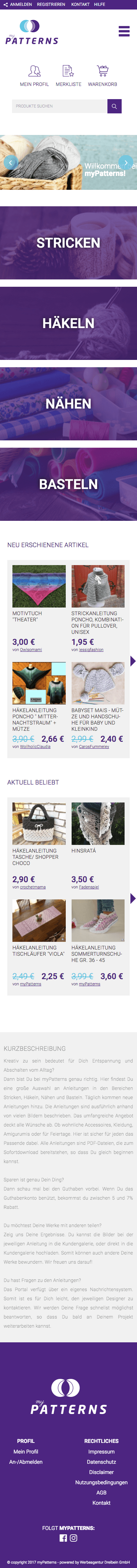 Startseite von www.mypatterns.de in der mobilen Ansicht (Mobile)