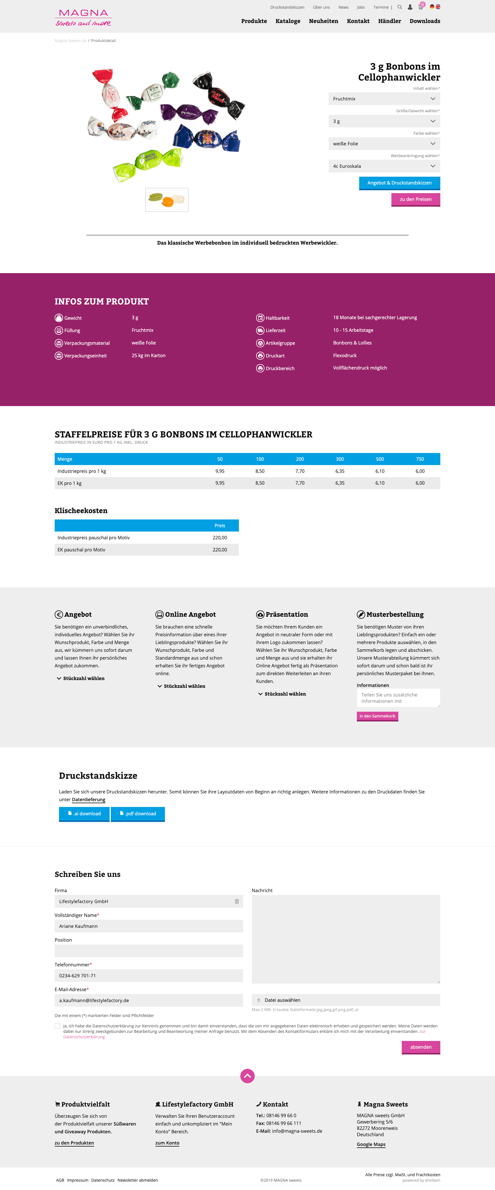Webdesign der Produktdetailseite bei der Website magna-sweets.de (Desktop)
