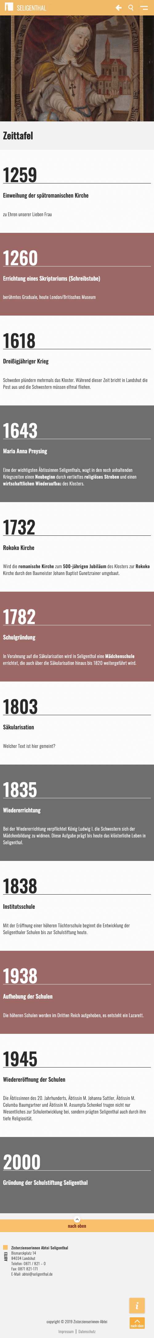 Geschichte der Abtei Seligenthal in der responsive Darstellung (Mobile)