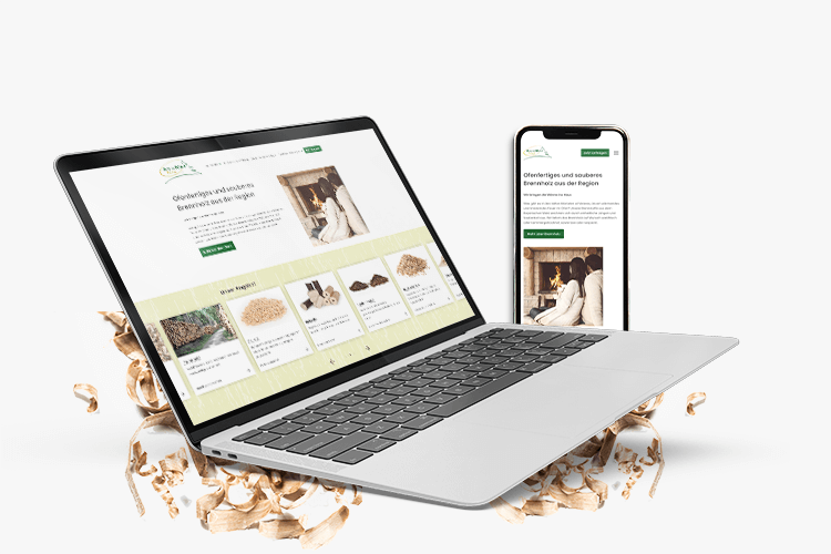Website von BayerWaldForst in der Desktop und der mobilen Version dargestellt auf Holzspäne liegend.