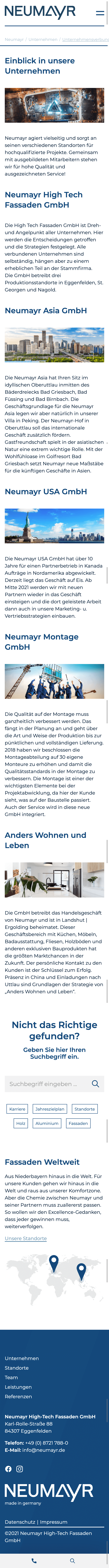 Mobile Ansicht der Unternehmensverbund-Seite von Neumayr Hight Tech Fassaden (Mobile)