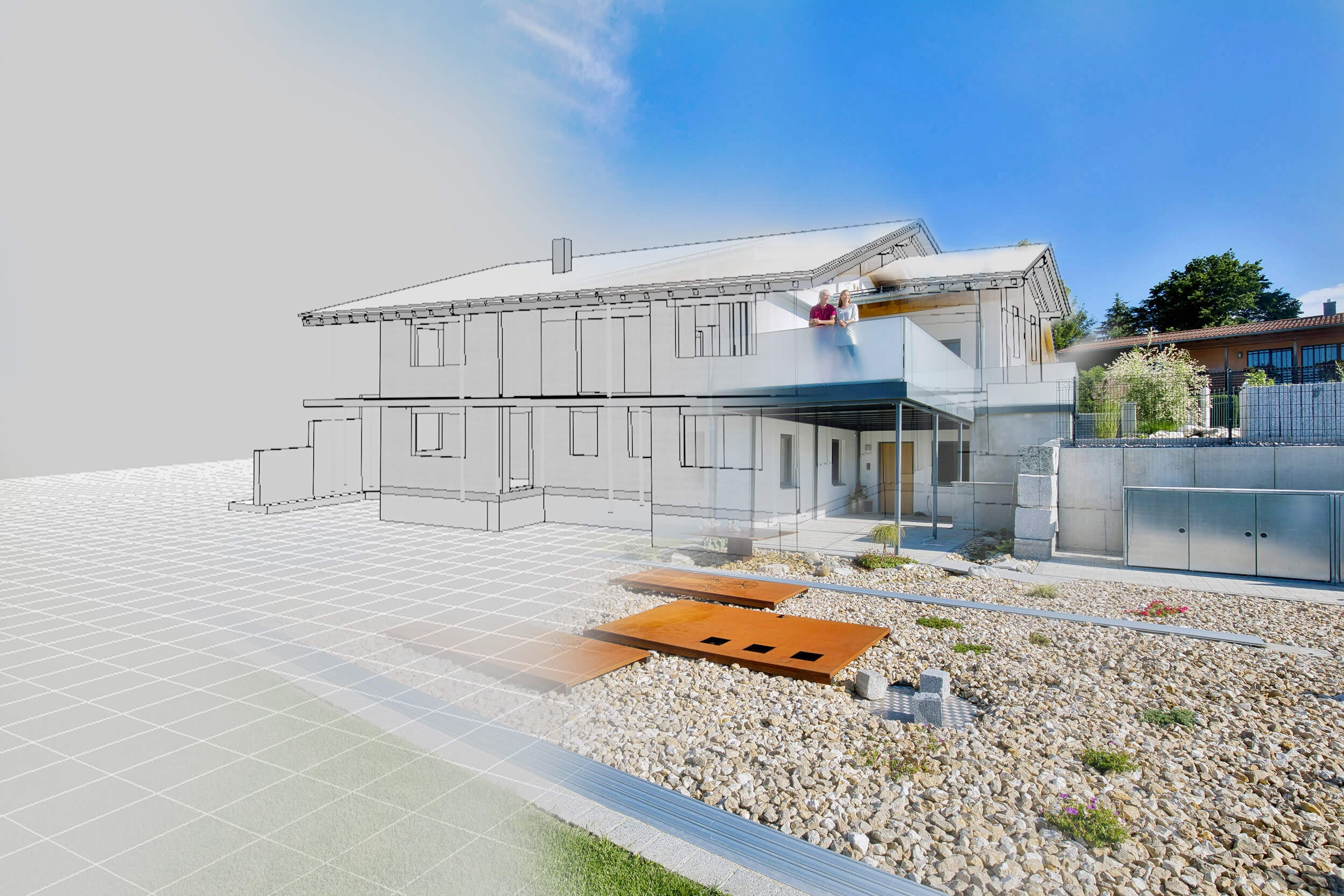 Foto einer Bauskizze, die zu einem realen Foto wird