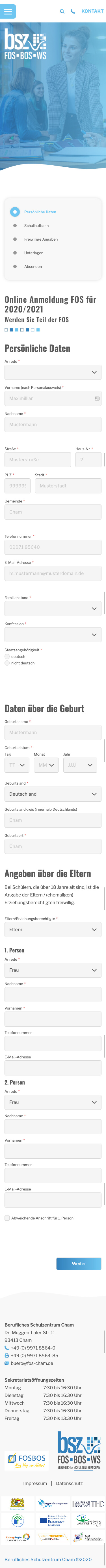 Screenshot der Online-Anmeldung auf mobiler Ansicht des neuen Beruflichen Schulzentrum Chams (Mobile)