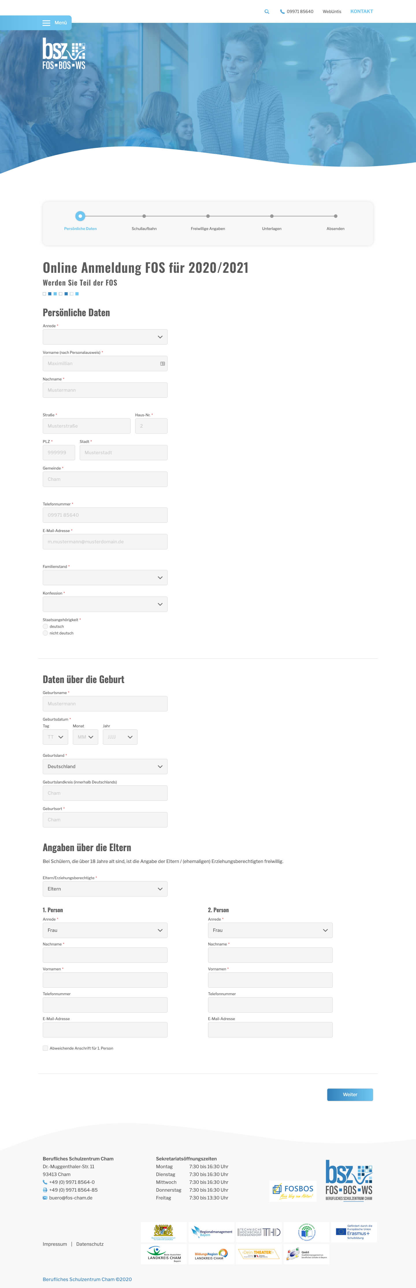 Screenshot der Online-Anmeldung des neuen Beruflichen Schulzentrum Chams (Desktop)